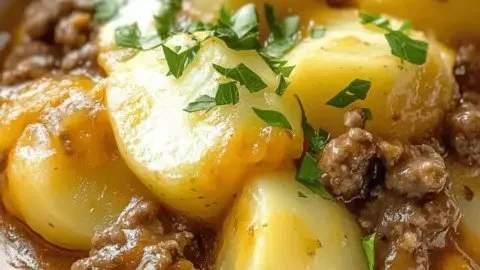 Crockpot Hamburger Potato Casserole topped with cheese and herbs