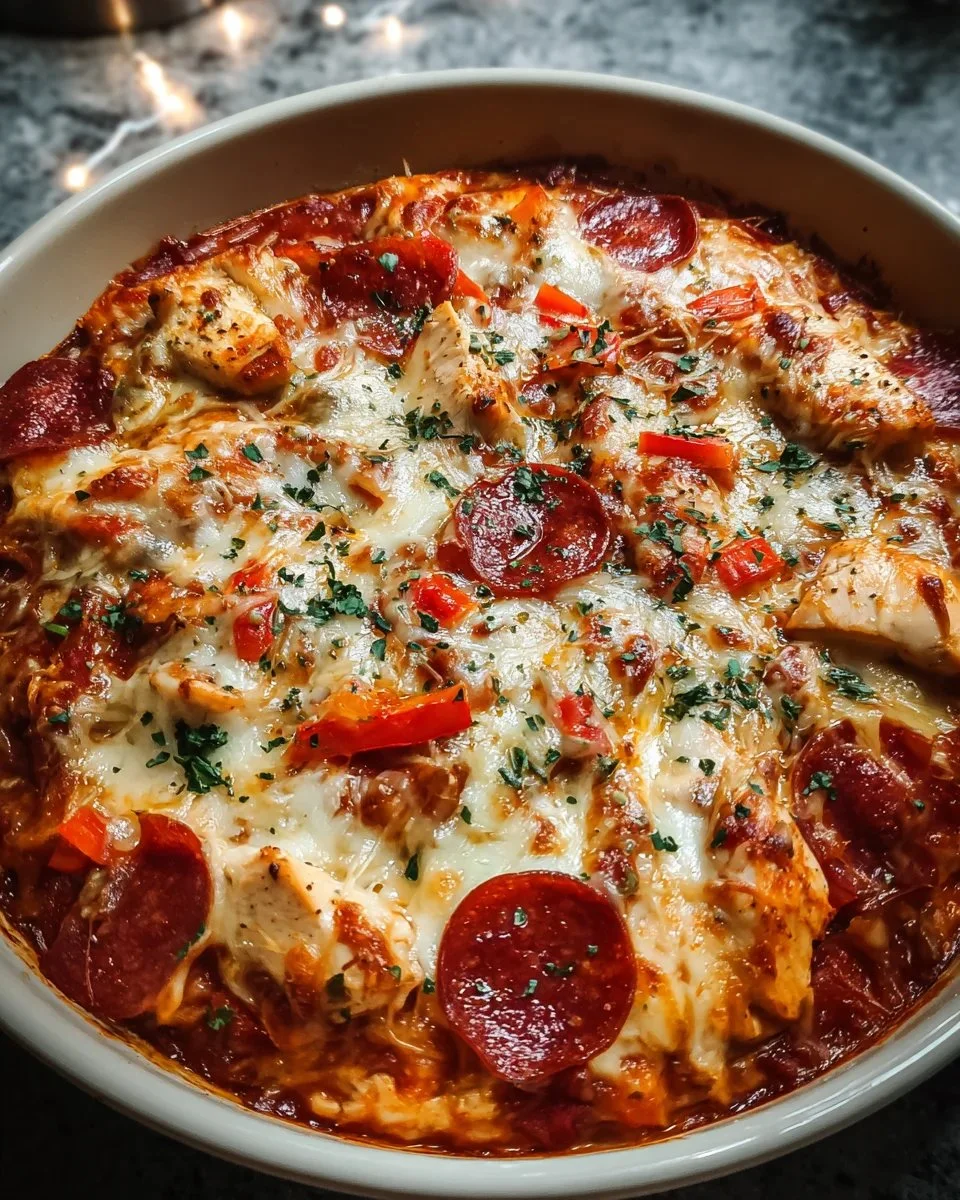 Delicious Crockpot Pizza Chicken served with fresh toppings