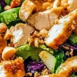 Colorful Thai chicken salad with crunchy vegetables and creamy peanut dressing