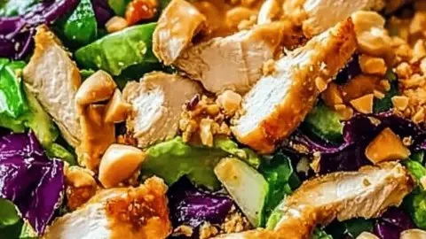 Colorful Thai chicken salad with crunchy vegetables and creamy peanut dressing