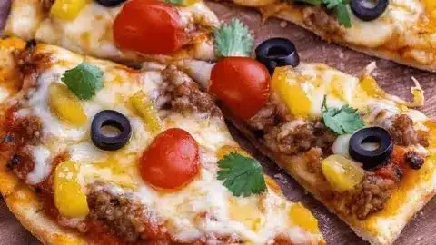 Customizable homemade Mexican pizza topped with fresh ingredients for family dinner.