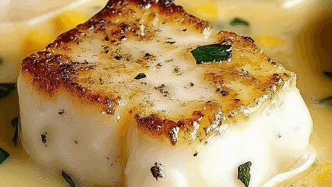 Delicious baked cod in coconut lemon cream sauce on a plate