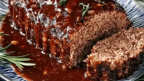 Delicious bison meatloaf with tangy glaze served on a plate