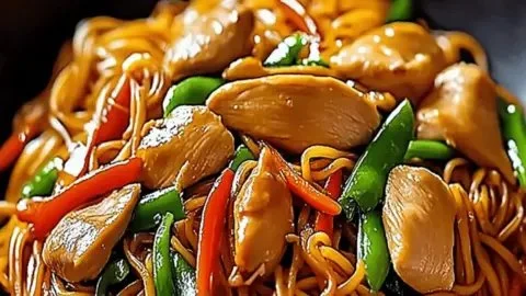 Bowl of delicious chicken lo mein with colorful vegetables and noodles