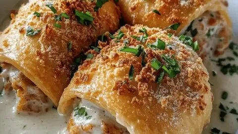 Delicious chicken pillows with creamy Parmesan sauce served on a plate
