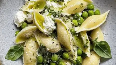 Dish of conchiglioni pasta filled with ricotta and peas, garnished for serving.