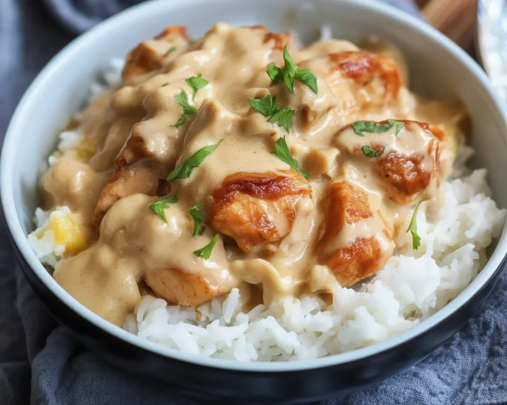Creamy Smothered Chicken And Rice served in a bowl, garnished with parsley