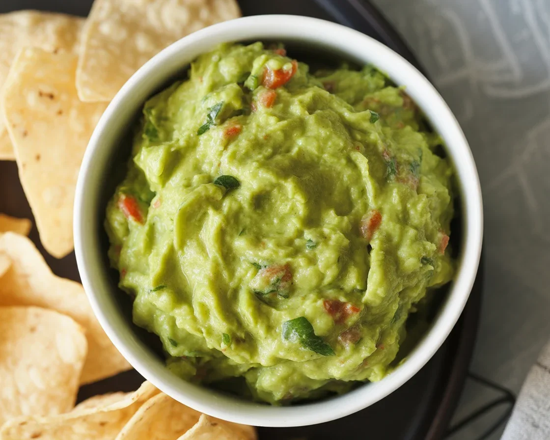 Bowl of homemade guacamole made with fresh avocados, onions, and tomatoes