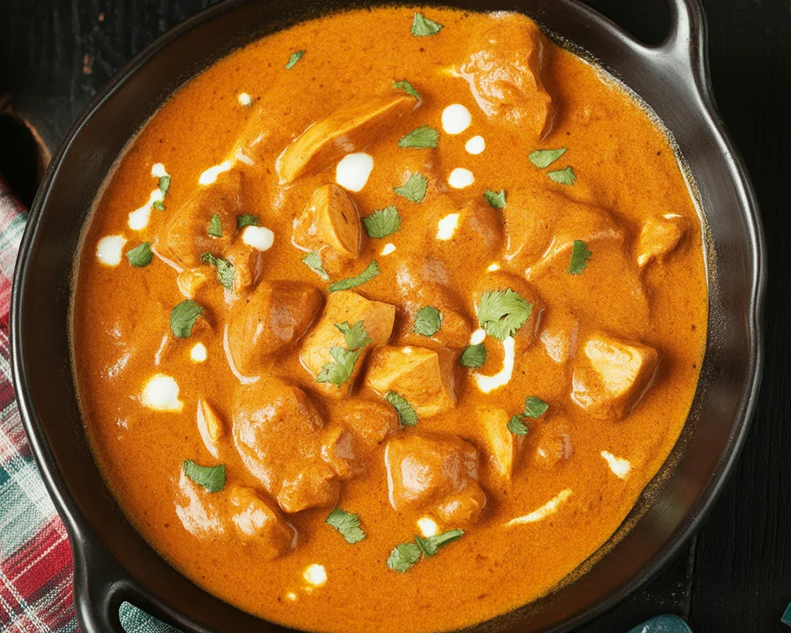 A plate of creamy homemade butter chicken with rice and naan on a wooden table.