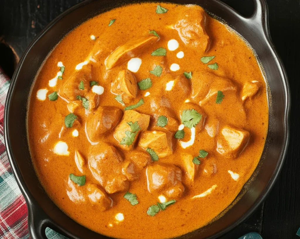 A plate of creamy homemade butter chicken with rice and naan on a wooden table.