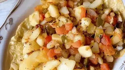 A hearty Mexican potato breakfast topped with fresh herbs and spices.
