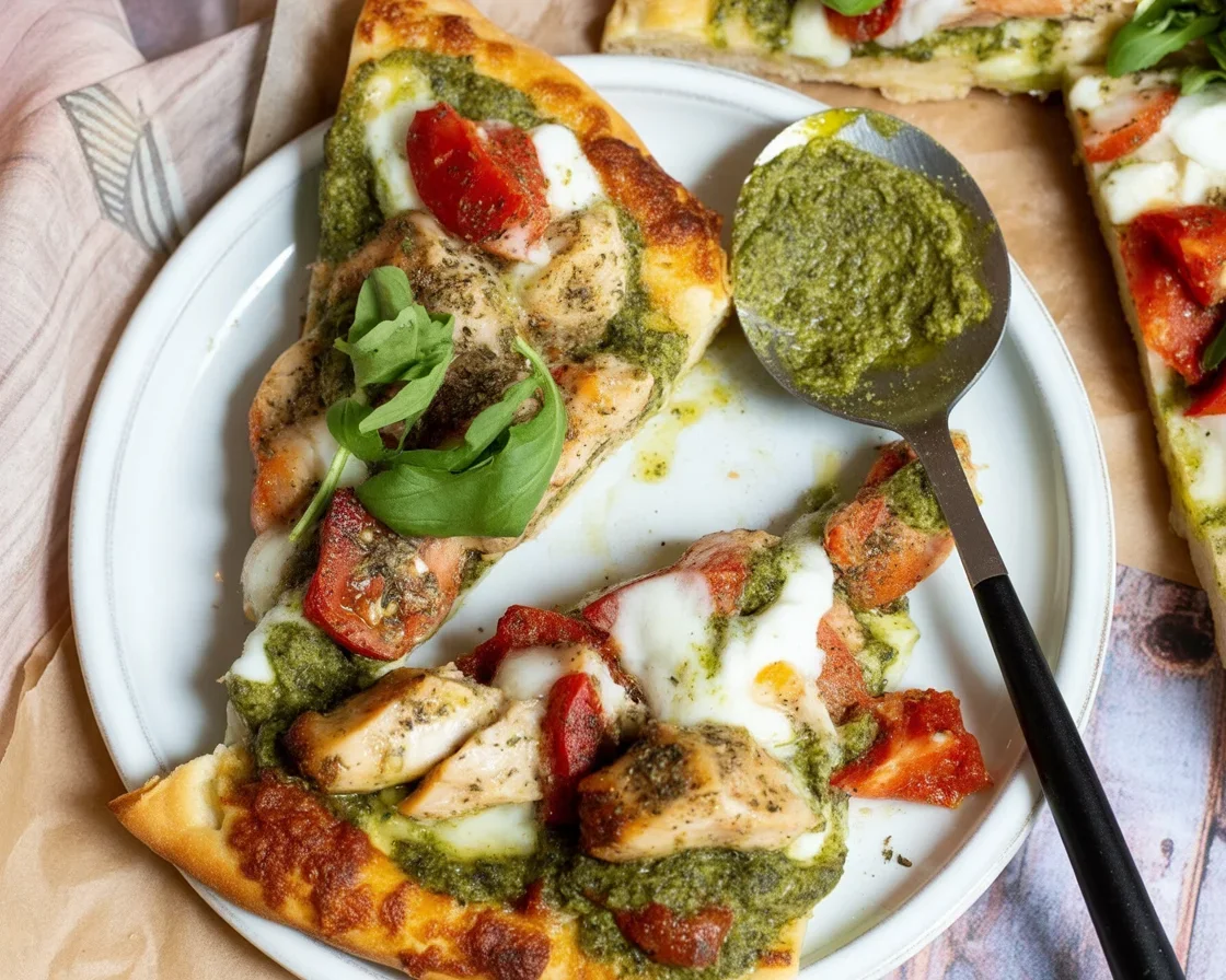 Pesto Chicken Flatbread topped with grilled chicken, pesto, and fresh ingredients.