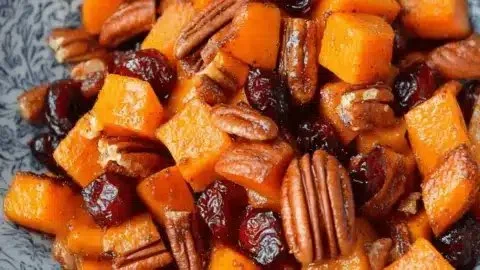Dish of delicious roasted butternut squash with cranberries and pecans