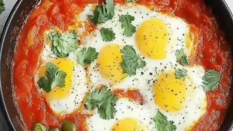 A delicious shakshuka dish served in a skillet, perfect for brunch for two.