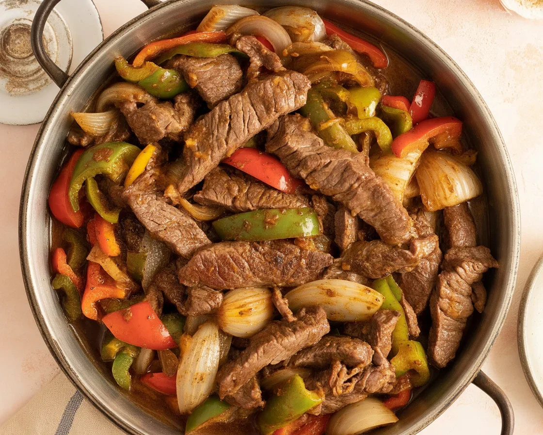 Sizzling Chinese Pepper Steak with Onions served on a plate with colorful vegetables.