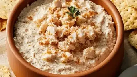 Delicious smoked fish dip served in a bowl with crackers and herbs