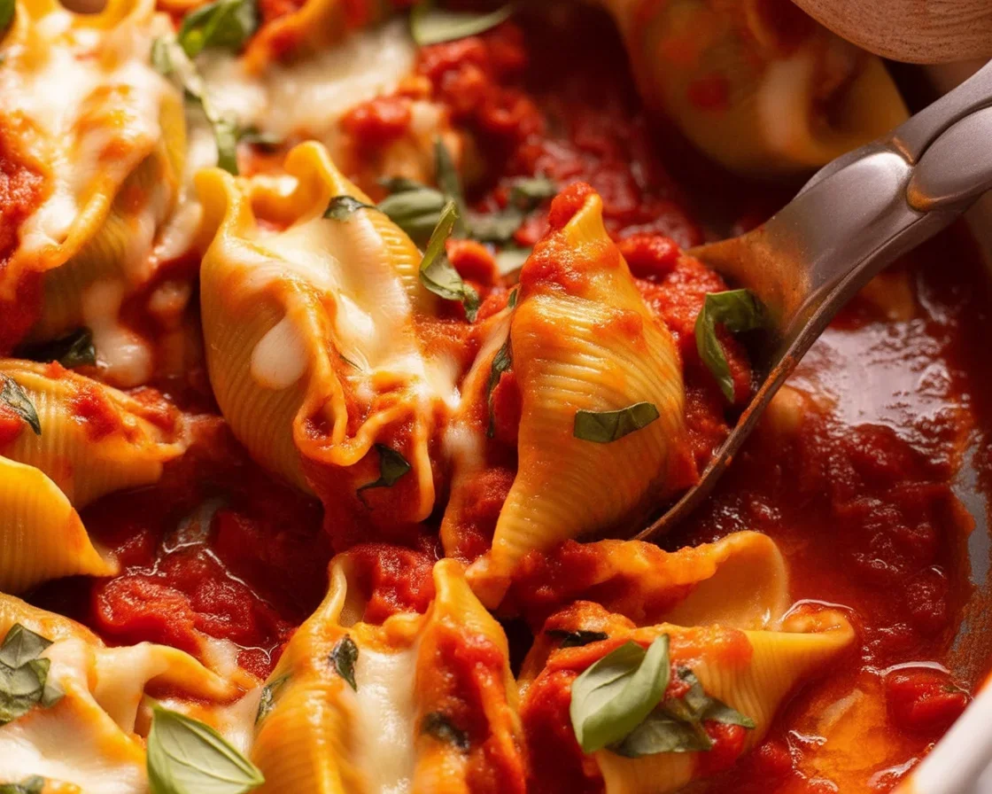 Delicious Spinach and Ricotta Stuffed Shells topped with marinara sauce and cheese