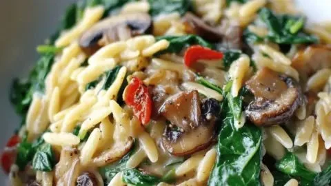 Bowl of delicious spinach mushroom orzo ready in 30 minutes