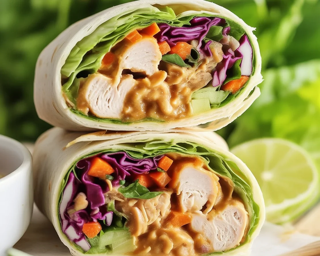 Thai Peanut Chicken Wraps with fresh veggies and zesty peanut sauce