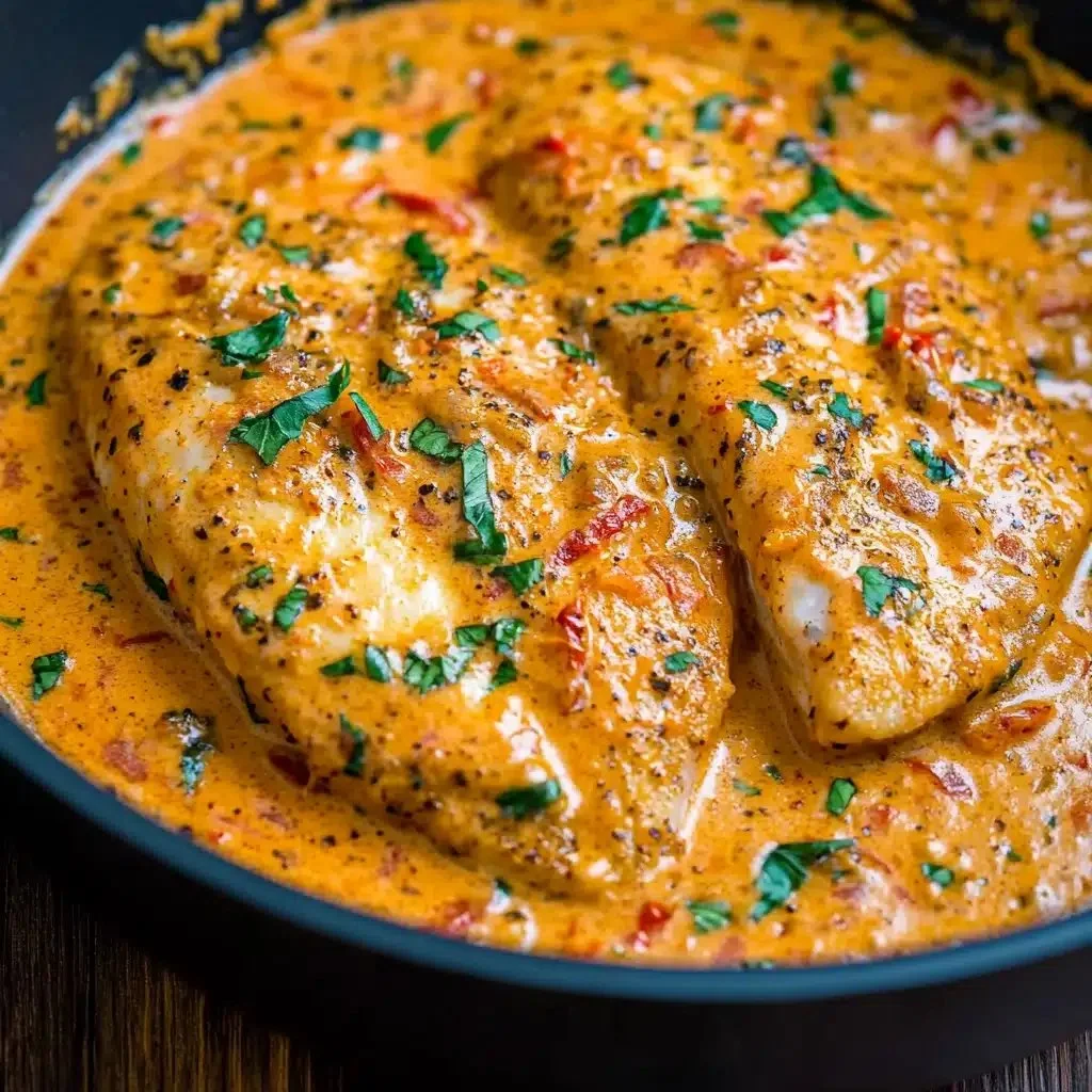 Plate of delicious tilapia in creamy roasted pepper sauce garnished with herbs