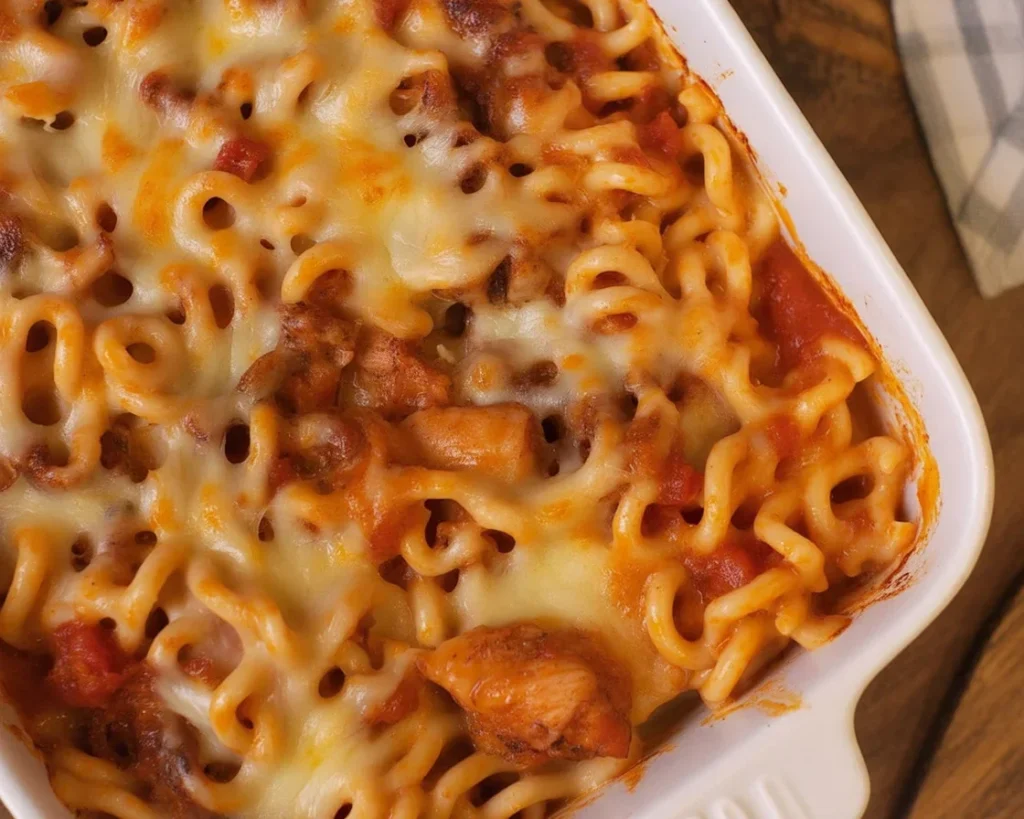Delicious BBQ Chicken Mac and Cheese casserole topped with extra cheddar cheese.