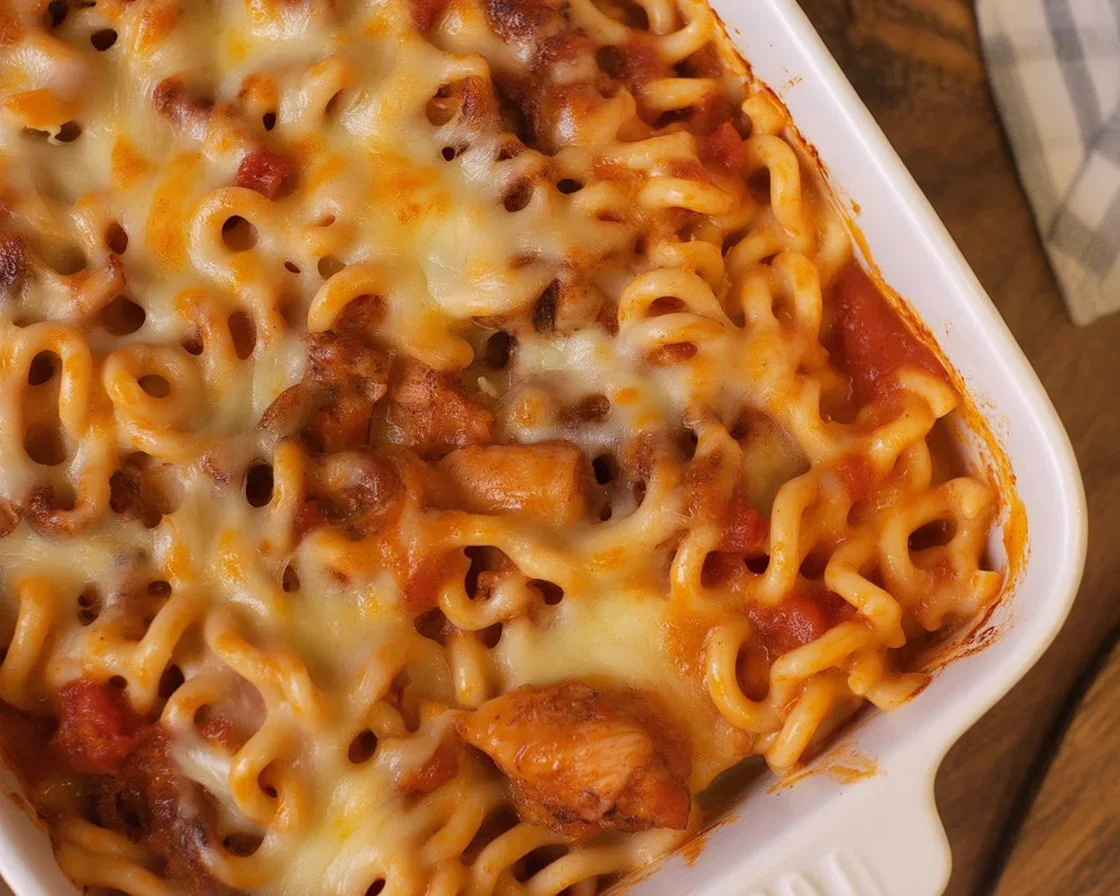 Delicious BBQ Chicken Mac and Cheese casserole topped with extra cheddar cheese.
