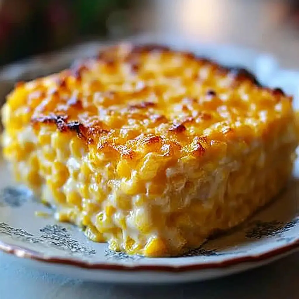 Honey-glazed corn casserole served in a baking dish