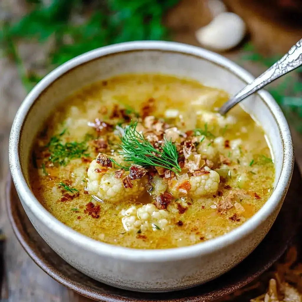 Creamy Mediterranean cauliflower soup garnished with herbs and spices.