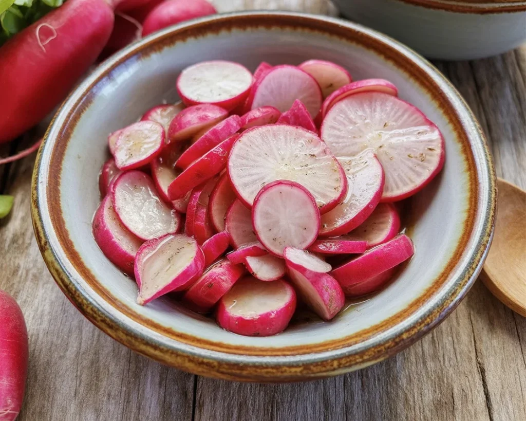 Crunchy Air Fryer Radish Chips with seasoning in a bowl ready to air fry.