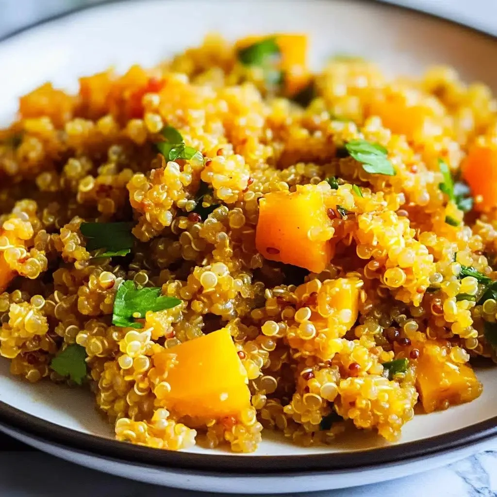 Bowl of delicious curried quinoa garnished with fresh herbs