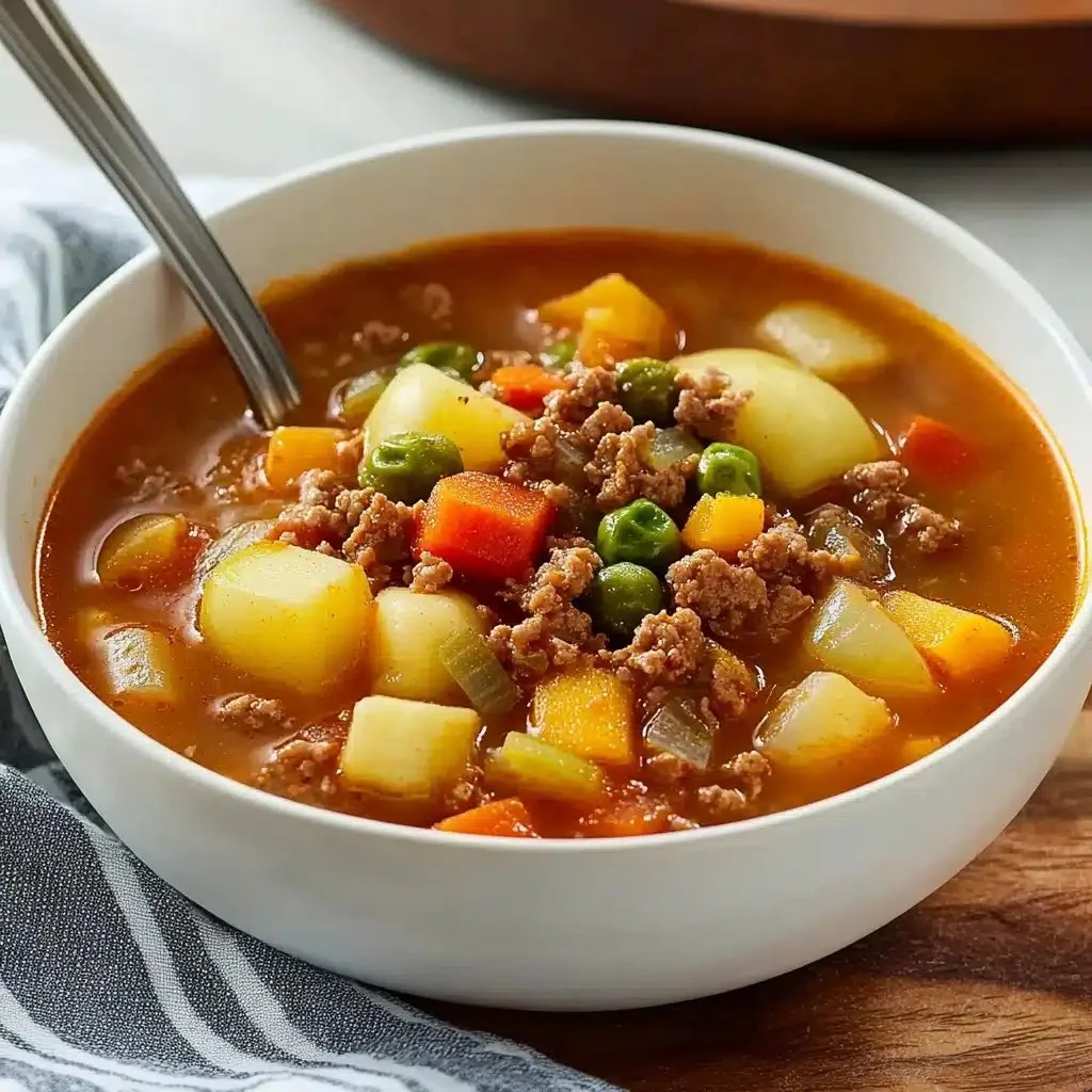Hearty ground beef vegetable soup served in a bowl with fresh herbs.