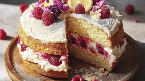 Delicious lemon raspberry cake topped with fresh raspberries and lemon zest