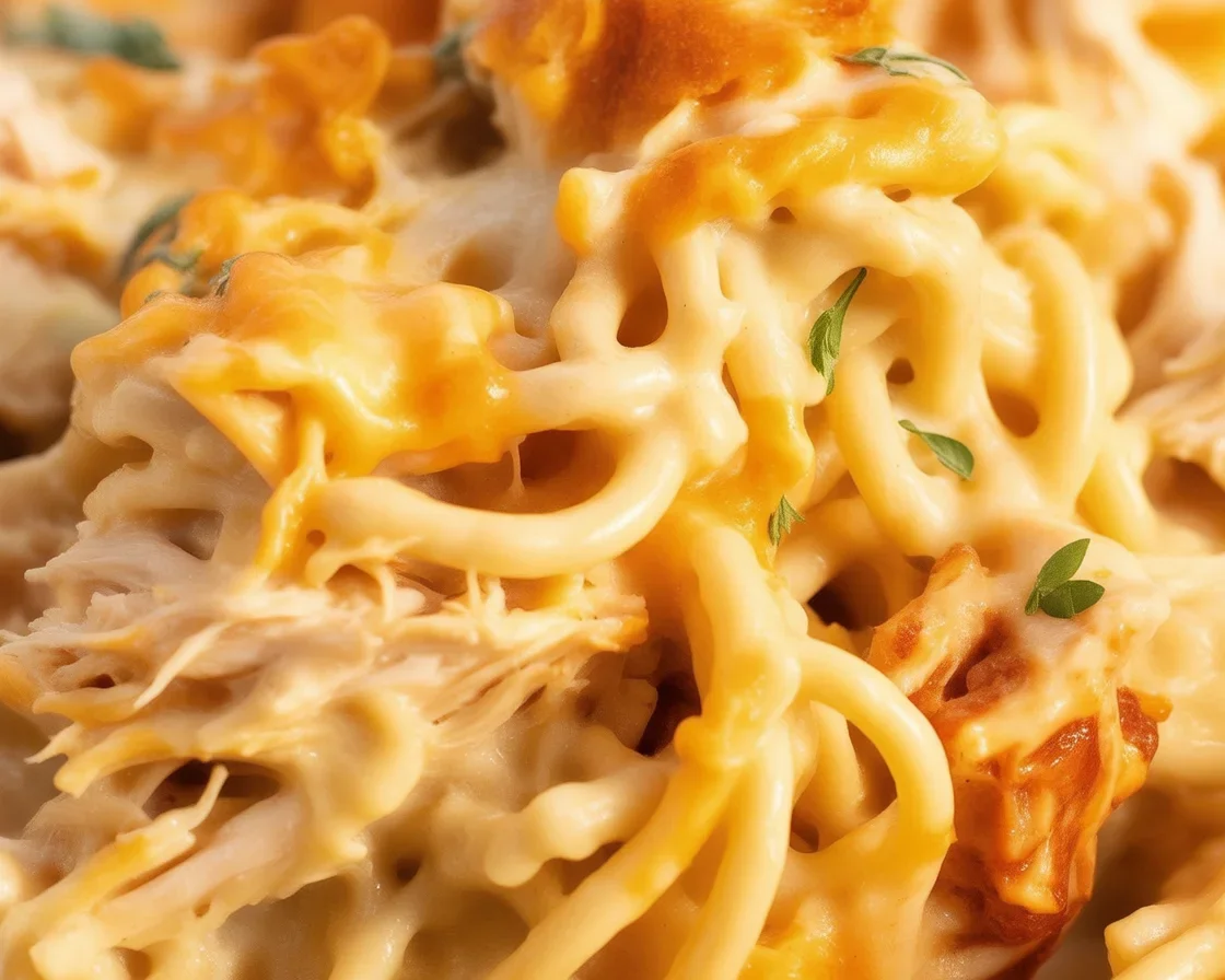 Delicious Cheesy Chicken Spaghetti Casserole with melted cheese and pasta.