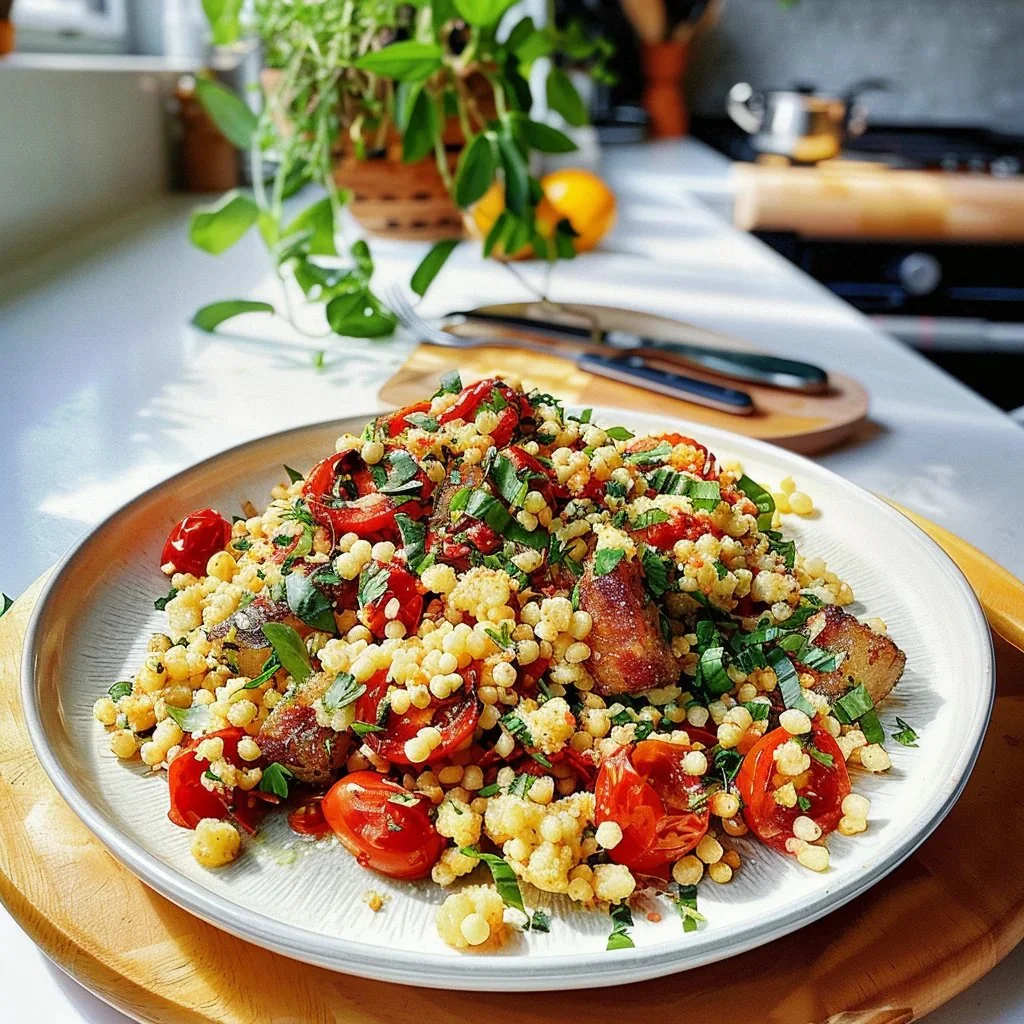 Delicious Pearled Couscous served in a bowl with fresh herbs and vegetables