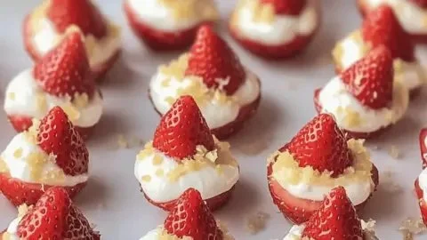 Deviled strawberries topped with cheesecake filling for a delicious dessert.