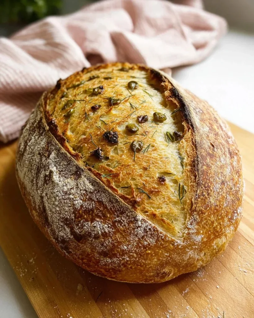 Sliced dill pickle sourdough bread on a wooden cutting board