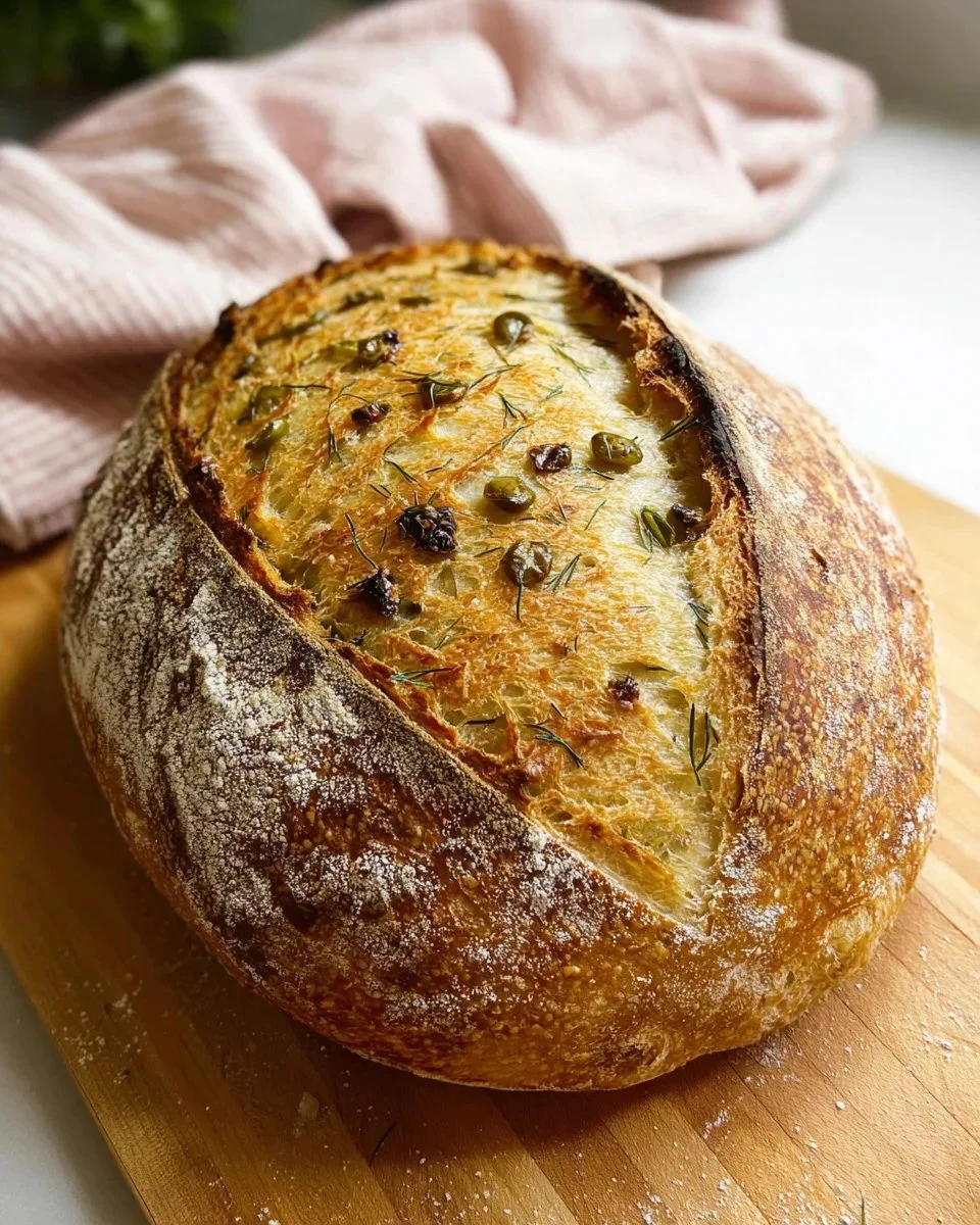 Sliced dill pickle sourdough bread on a wooden cutting board
