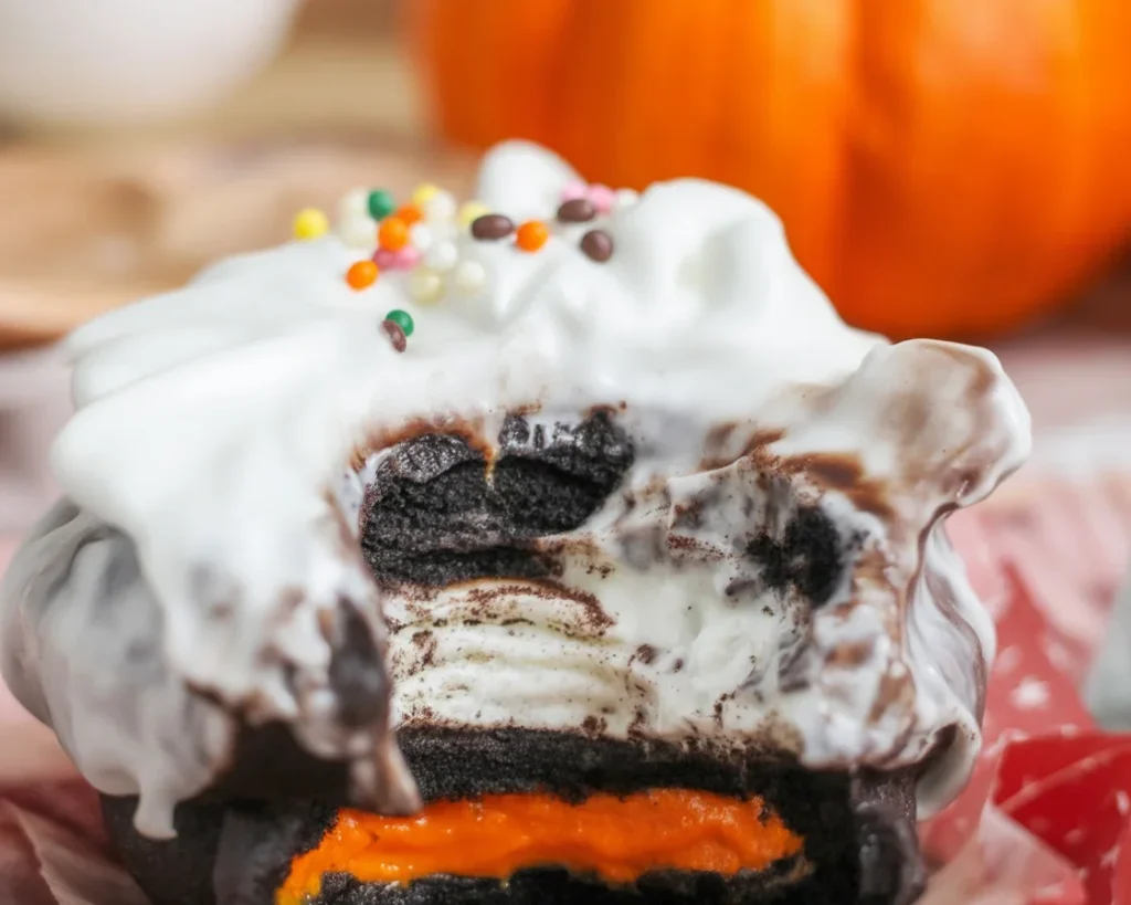 Killer Oreo Cheesecake Stuffed Donut Burger with cream cheese filling and toppings.
