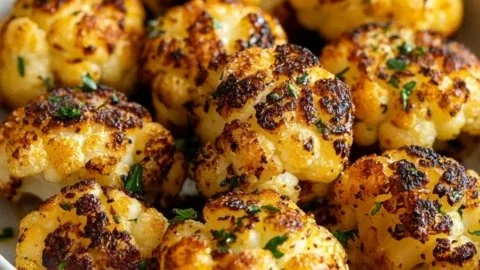 Crispy air fryer cauliflower in a bowl seasoned with spices.