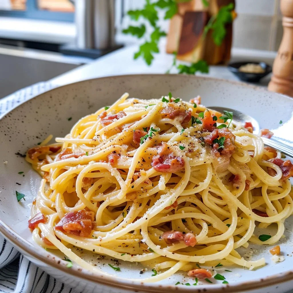 Delicious bowl of spaghetti carbonara topped with parmesan and black pepper
