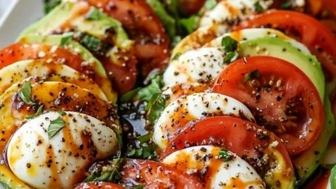 Delicious avocado caprese salad platter with fresh tomatoes and mozzarella