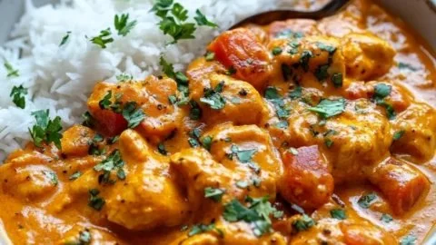 Delicious easy butter chicken served with jasmine rice