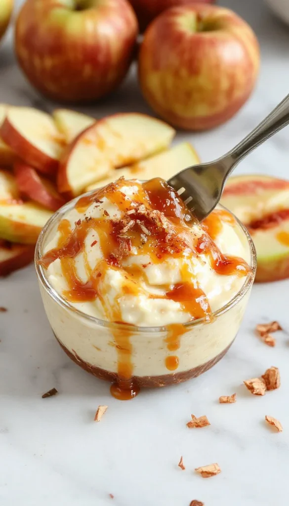 Delicious caramel apple cheesecake dip served with apple slices