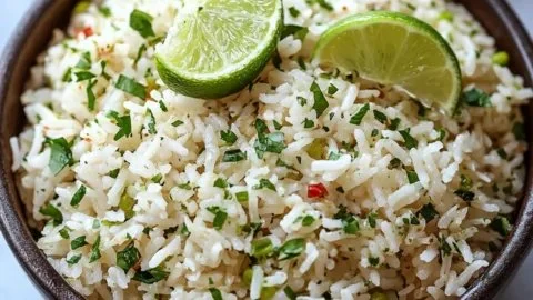 Bowl of easy cilantro lime rice garnished with fresh cilantro and lime slices