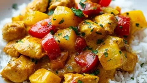 Delicious served Easy Coconut Curry Chicken over Rice in a bowl
