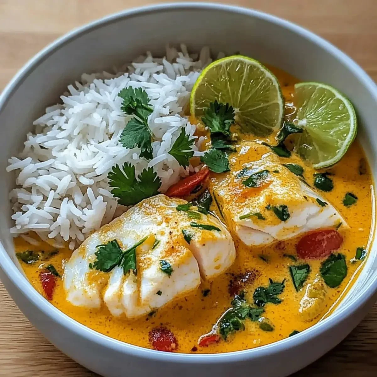 Bowl of coconut lime fish curry with jasmine rice and fresh herbs
