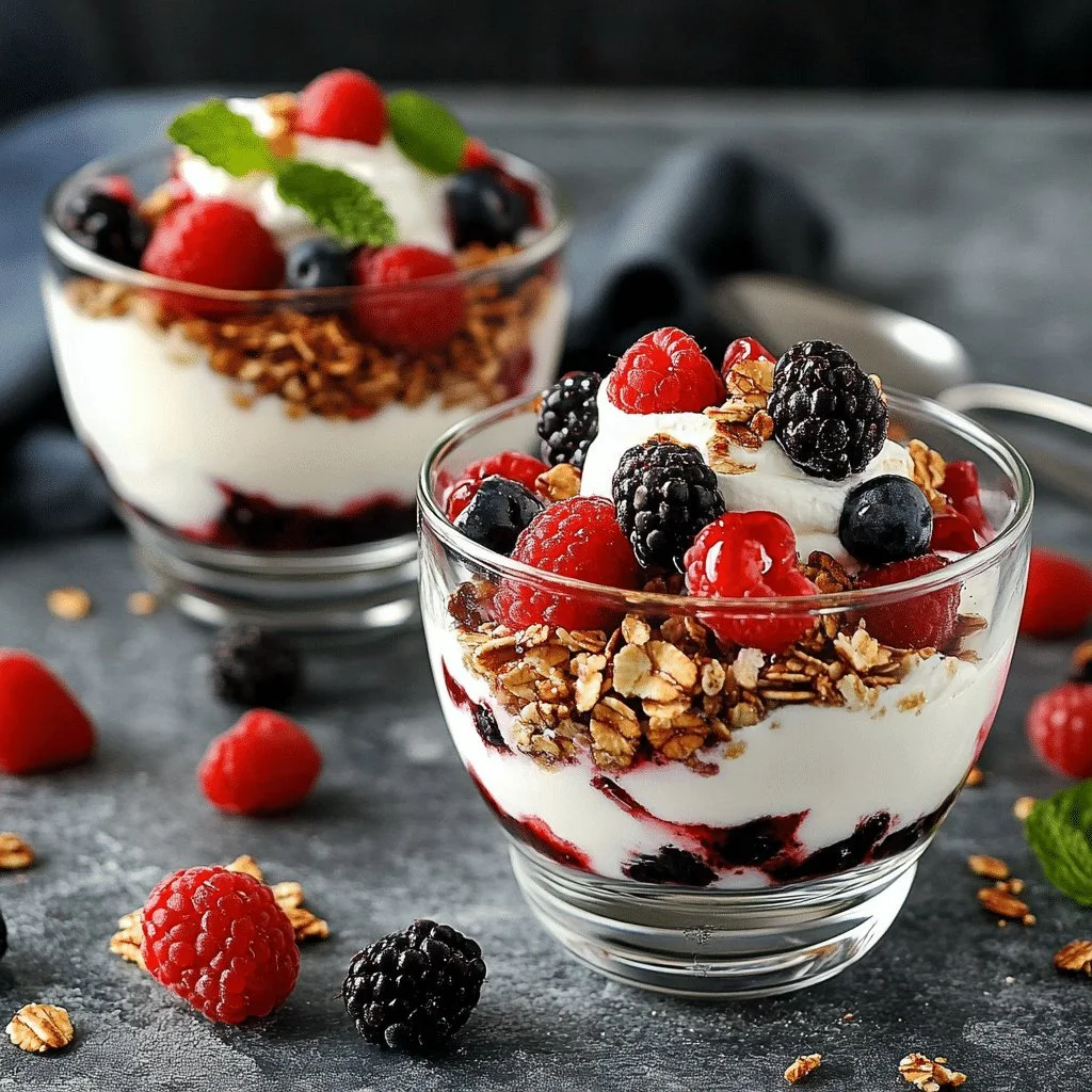Delicious Greek yogurt berry parfaits topped with fresh fruits and granola