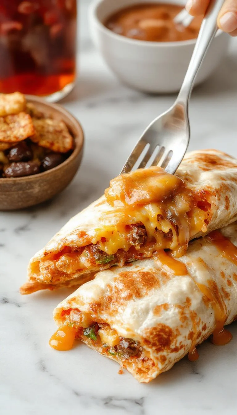 Delicious grilled cheese burrito served on a plate with melted cheese and tortilla.