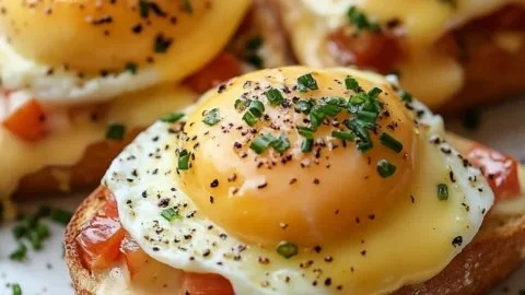 Healthy Easy Eggs Benedict topped with hollandaise sauce and garnished with herbs