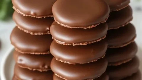 Easy homemade Thin Mint Cookies chocolate mint treats in a decorative dish.